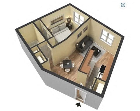 Floor plan for 1 bed, 1 bath, 600 sqft